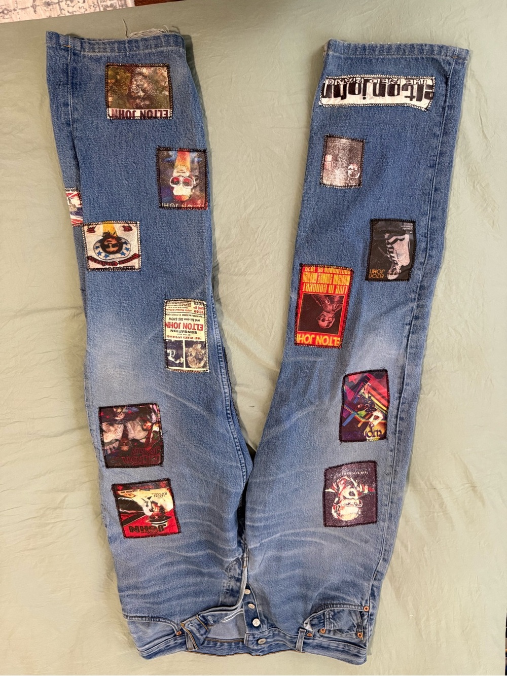 Vintage-Inspired Blue Patchwork Jeans - Elton John Graphic - Picture 2 of 2